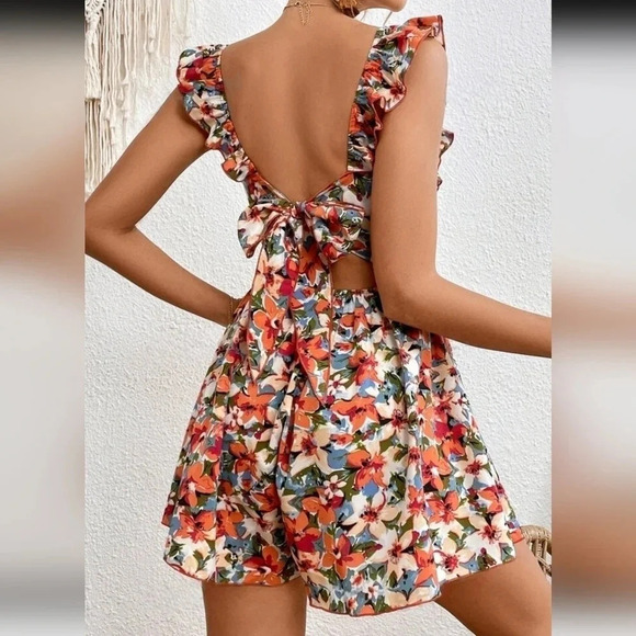 Frenchy Women Bow Backless Back Tie Leaf Edge Vacation Printed Red Summer - Picture 1 of 4